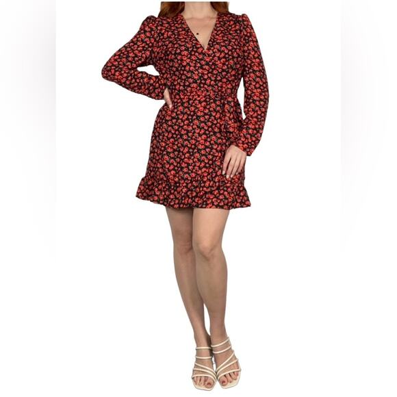 Francescas NWT Size Large Red/Black Kamilla Rose Floral Printed Wrap Mini Dress - Picture 9 of 11